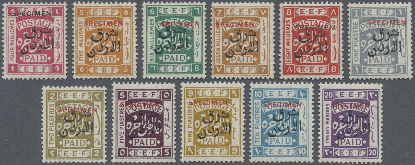 (*) Jordanien: 1925, "SHARK EL URDUN" Overprinted Issue 11 Values With "SPECIMEN" Overprints, Fine - Jordan