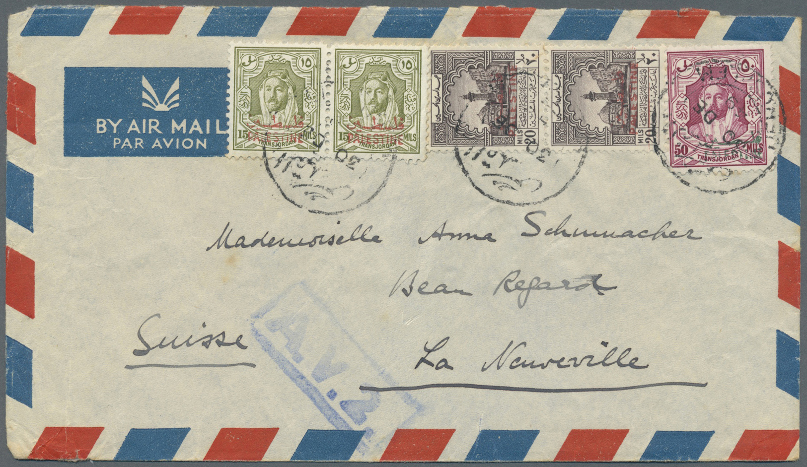 Br Jordanien: 1942/47, Two Covers With Nice Franking To Switzerland, One Of Them With Unusal Censorship Cancel In The Fo - Jordan