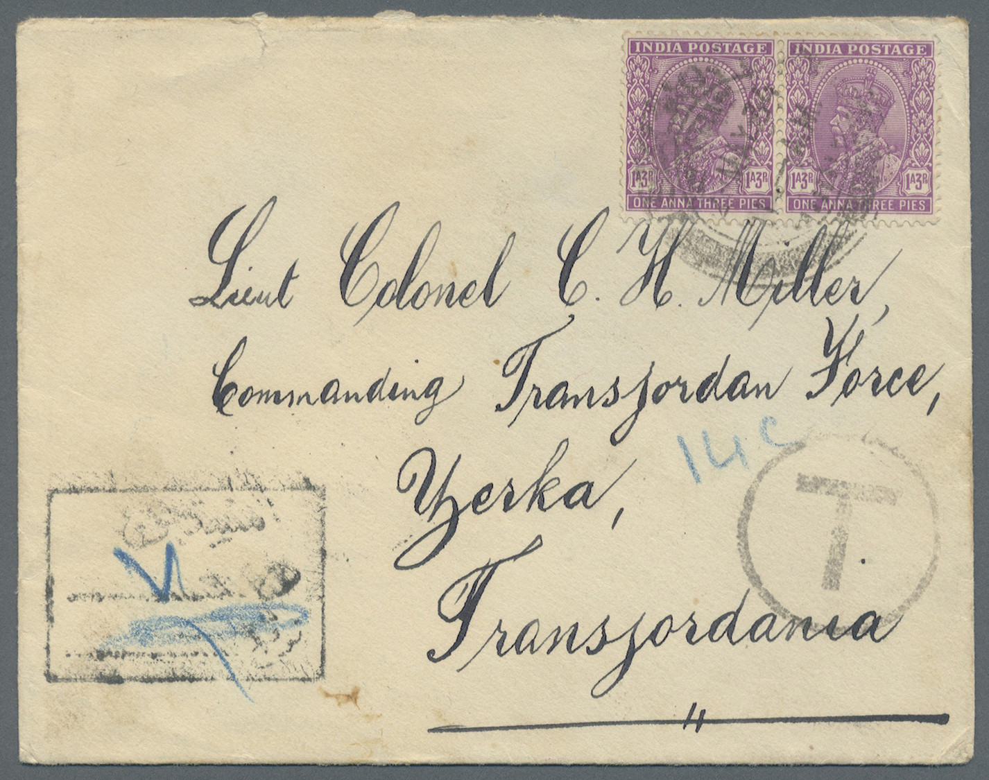 Br Jordanien - Portomarken: 1934. Envelope Written From India Addressed To 'Lt. Colonel Miller, Commanding Officer Of Th - Jordanie