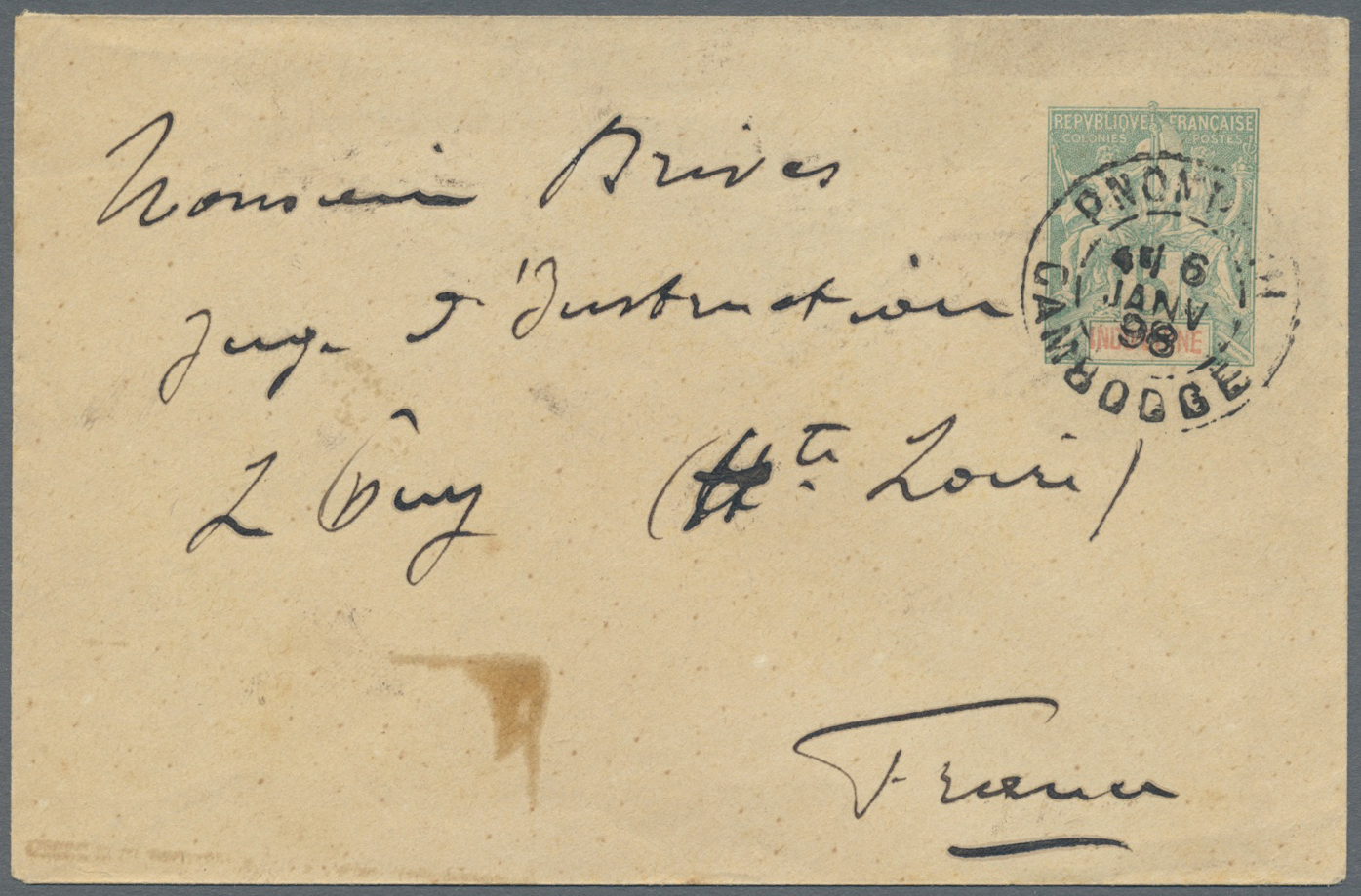 GA Kambodscha: 1898. French Indo-China Postal Stationery Envelope 5c Green Cancelled By Pnompenh/Cambodge Double Ring '6 - Cambodge