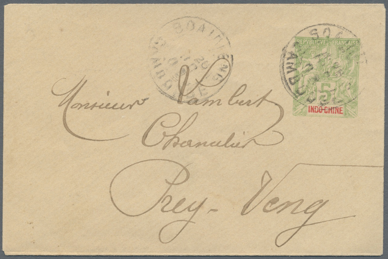 GA Kambodscha: 1903. French Indo-China Postal Stationery Envelope 5c Yellow- Green Cancelled By Soairieng / Cambodge Dou - Cambodge