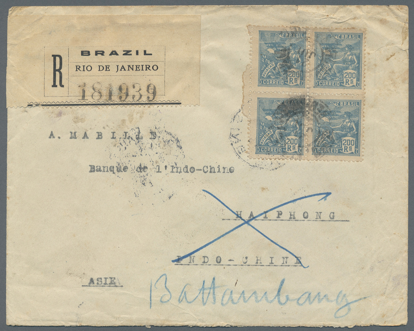 Br/ Kambodscha: 1922. Registered Envelope Addressed To The 'Bank Of Indo-China, Haiphong' Bearing Brazil Yvert 173, 200r - Cambodia