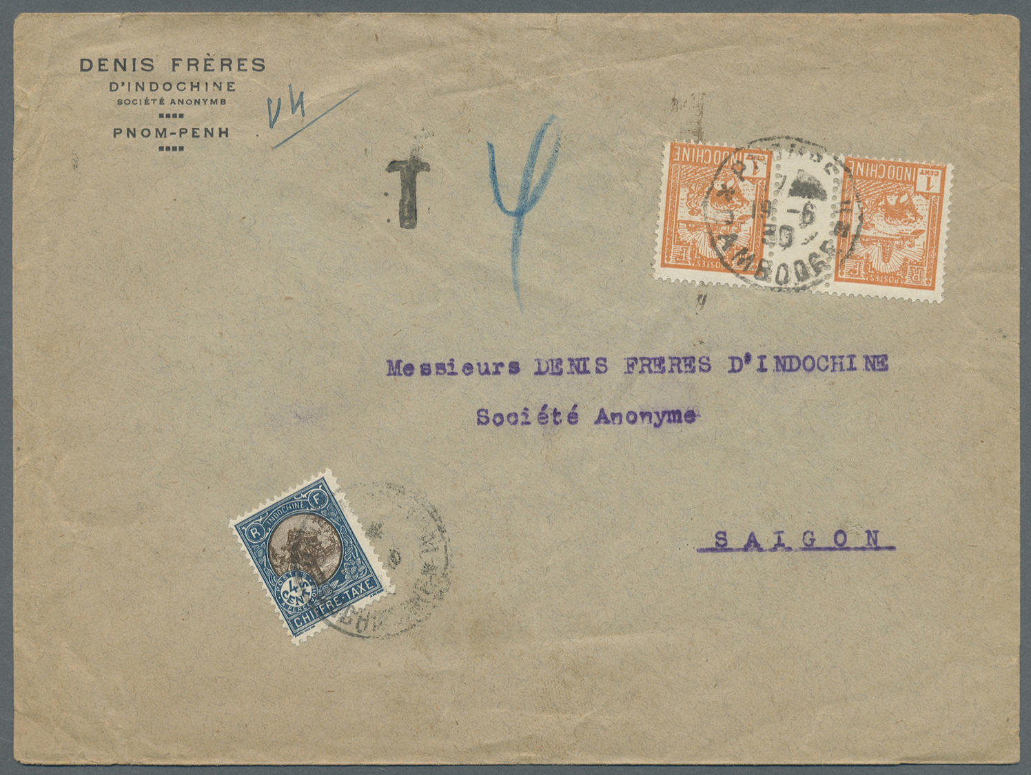 Br Kambodscha: 1930. Envelope Addressed To Saigon Bearing Indo-China SG 140,1c Orange (gutter Pair) Tied By Pnom-Penh/Ca - Cambodge