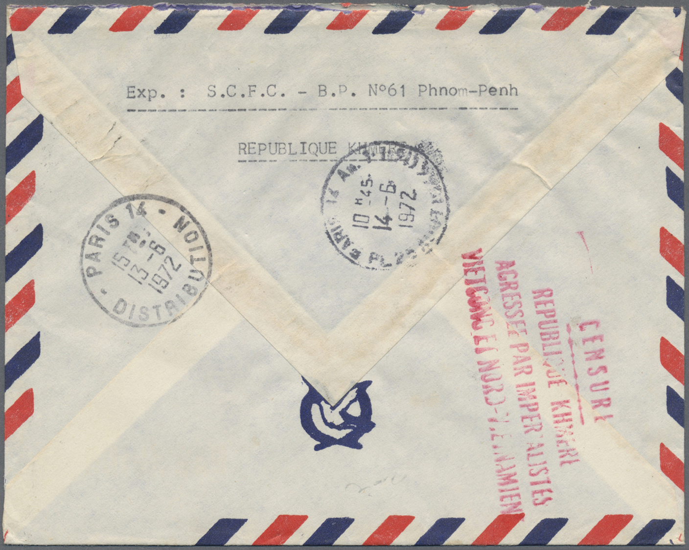 Br Kambodscha: 1970. A Selection Of Air Mail Covers (5) Addressed To France With First And Second Censor Cachet In Red ' - Cambodia