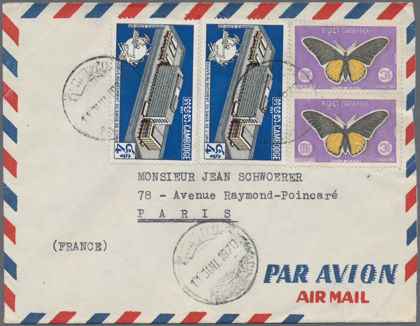 Br Kambodscha: 1970. A selection of Air Mail covers (5) addressed to France with first and second censor cachet in red '