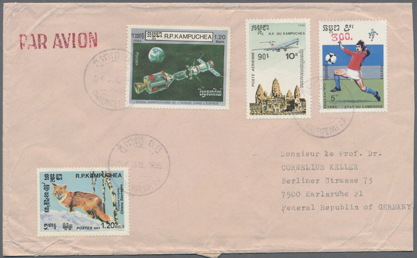 Br Kambodscha: 1990, Football Definitive 200 R./5 R. (a Horizontal Strip-3) With Uprate On Commercially Used Air Mail Co - Cambodge