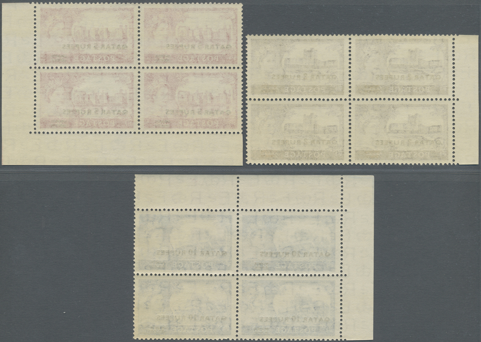 ** Katar / Qatar: 1957, QEII Definitives, 2r. On 2s.6d., 5r. On 5s. And 10r. On 10s., Three High Values, Type I, Margina - Qatar