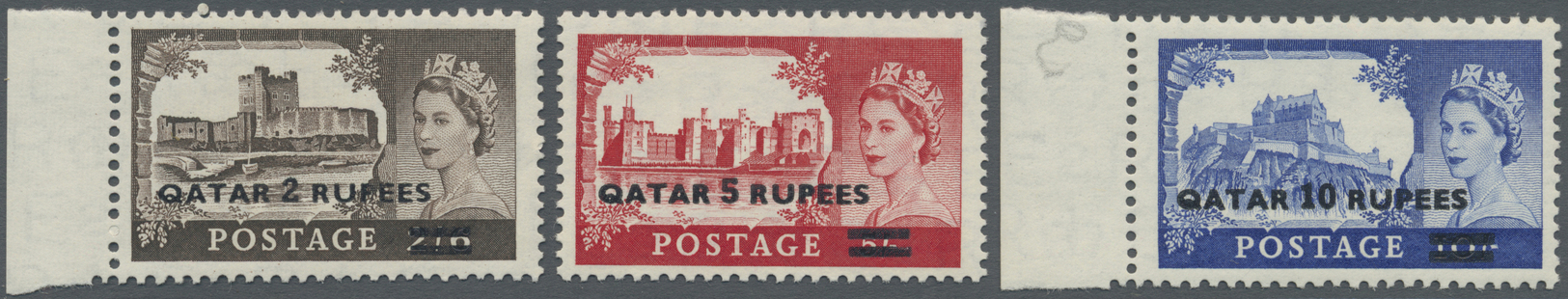 ** Katar / Qatar: 1957, QEII Definitives, 2r. On 2s.6d., 5r. On 5s. And 10r. On 10s., Three High Values, Type II, Unmoun - Qatar