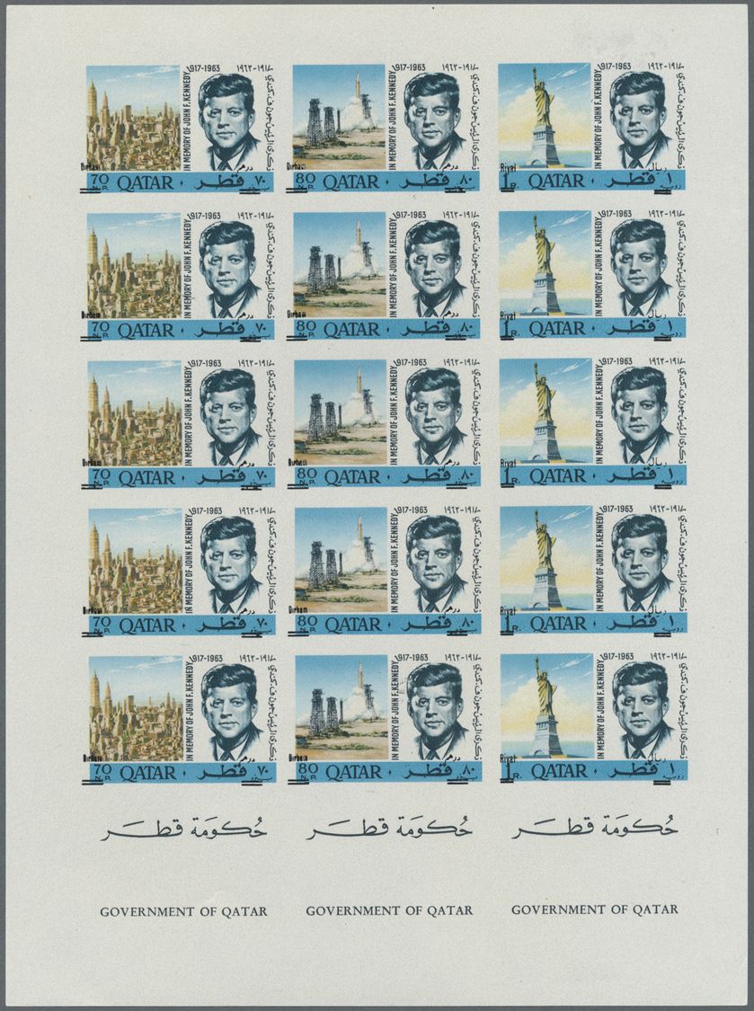 ** Katar / Qatar: 1966, J.F.Kennedy Revaluation Overprints, Imperforate Issue, Two Complete Sheets With Five Sets, Unmou - Qatar