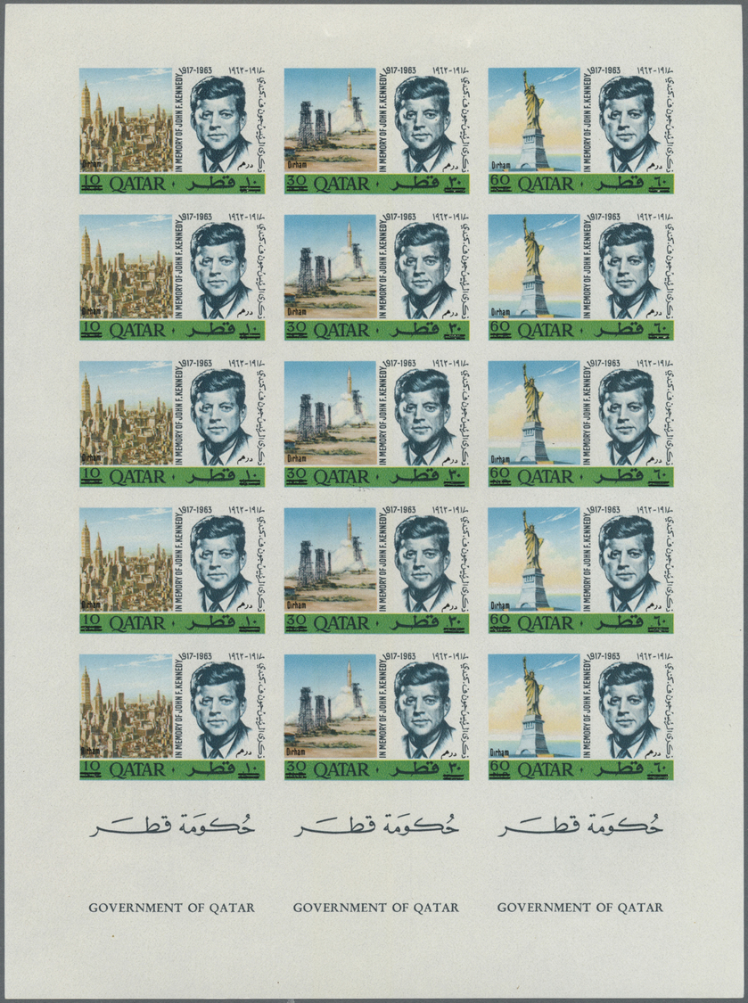 ** Katar / Qatar: 1966, J.F.Kennedy Revaluation Overprints, Imperforate Issue, Two Complete Sheets With Five Sets, Unmou - Qatar