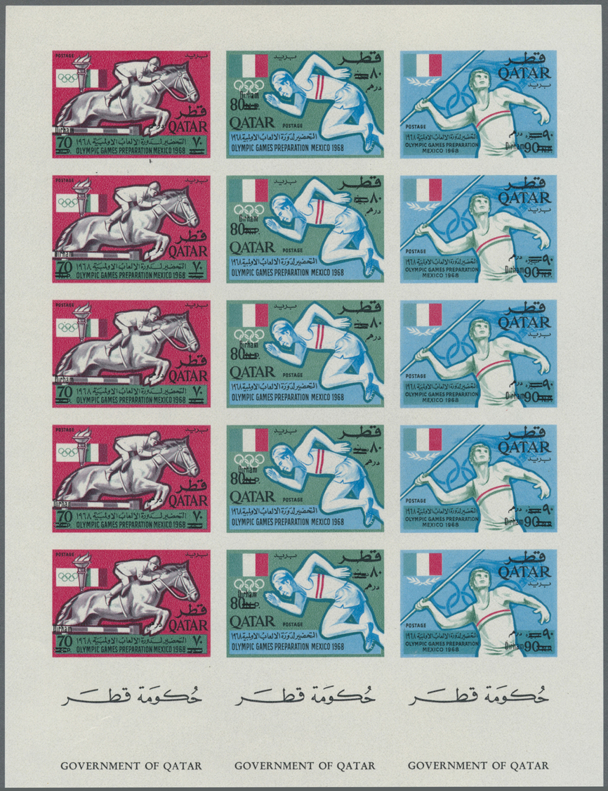 ** Katar / Qatar: 1966, Olympic Games Mexico Revaluation Overprints, Imperforate Issue, Two Complete Sheets With Five Se - Qatar