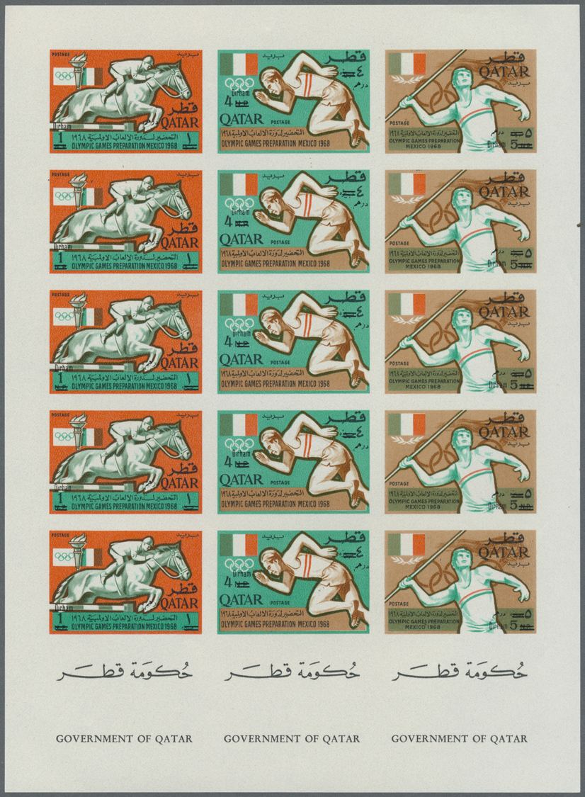 ** Katar / Qatar: 1966, Olympic Games Mexico Revaluation Overprints, Imperforate Issue, Two Complete Sheets With Five Se - Qatar