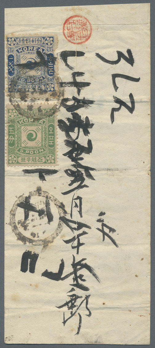 Br Korea: 1895/96, Tae Geuk 5 P. Bluish Green Resp. 10 P. Dull Blue (3 Mm Pulled Perfs And Handwriting Of Addressee) Tie - Korea (...-1945)