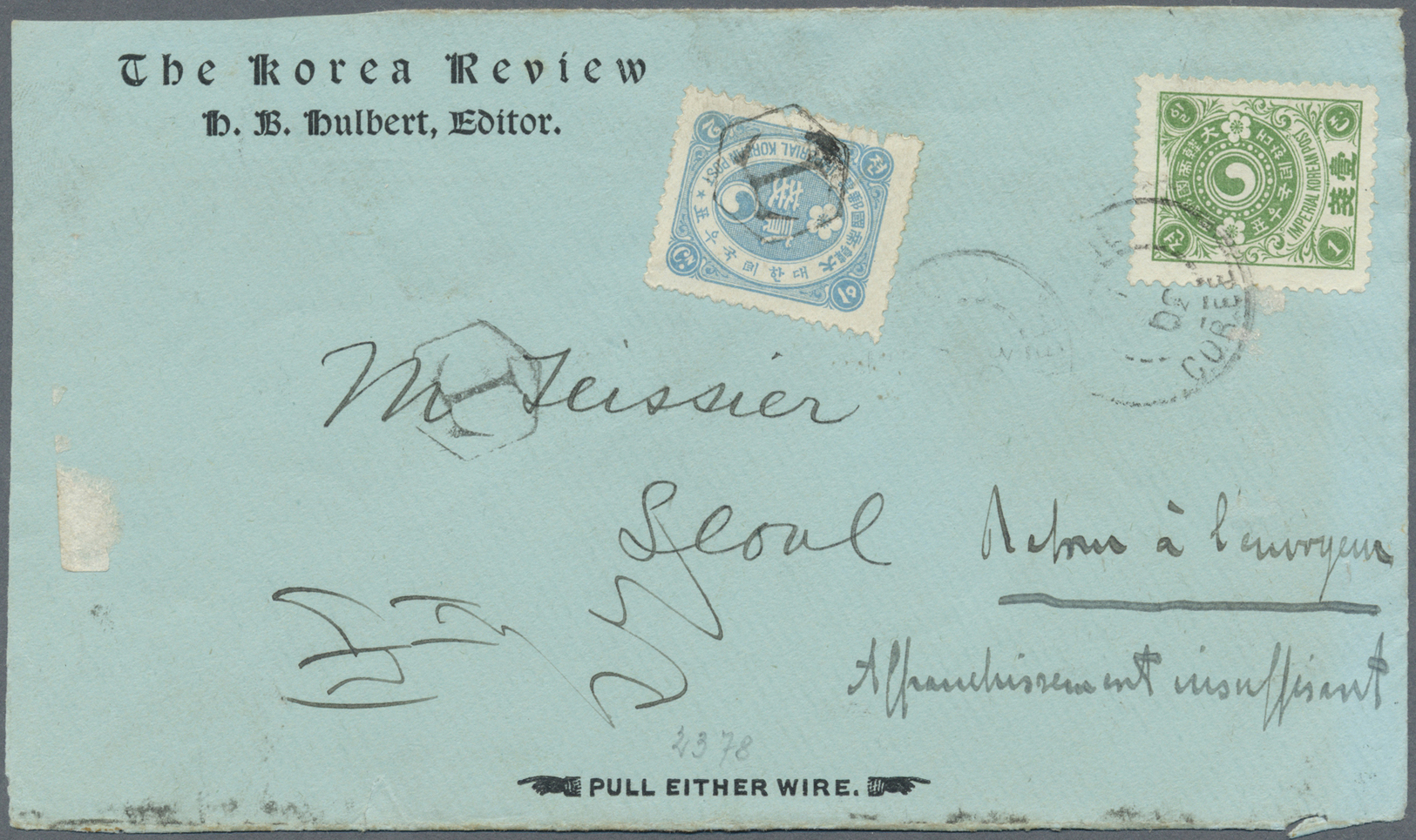 Br/ Korea: 1903 SEOUL Local Cover Front With VERY RARE POSTAGE DUE & "RETOUR A L´ ENVOYEUR, AFFRANCHISSEMENT INSUFFISANT - Corée (...-1945)