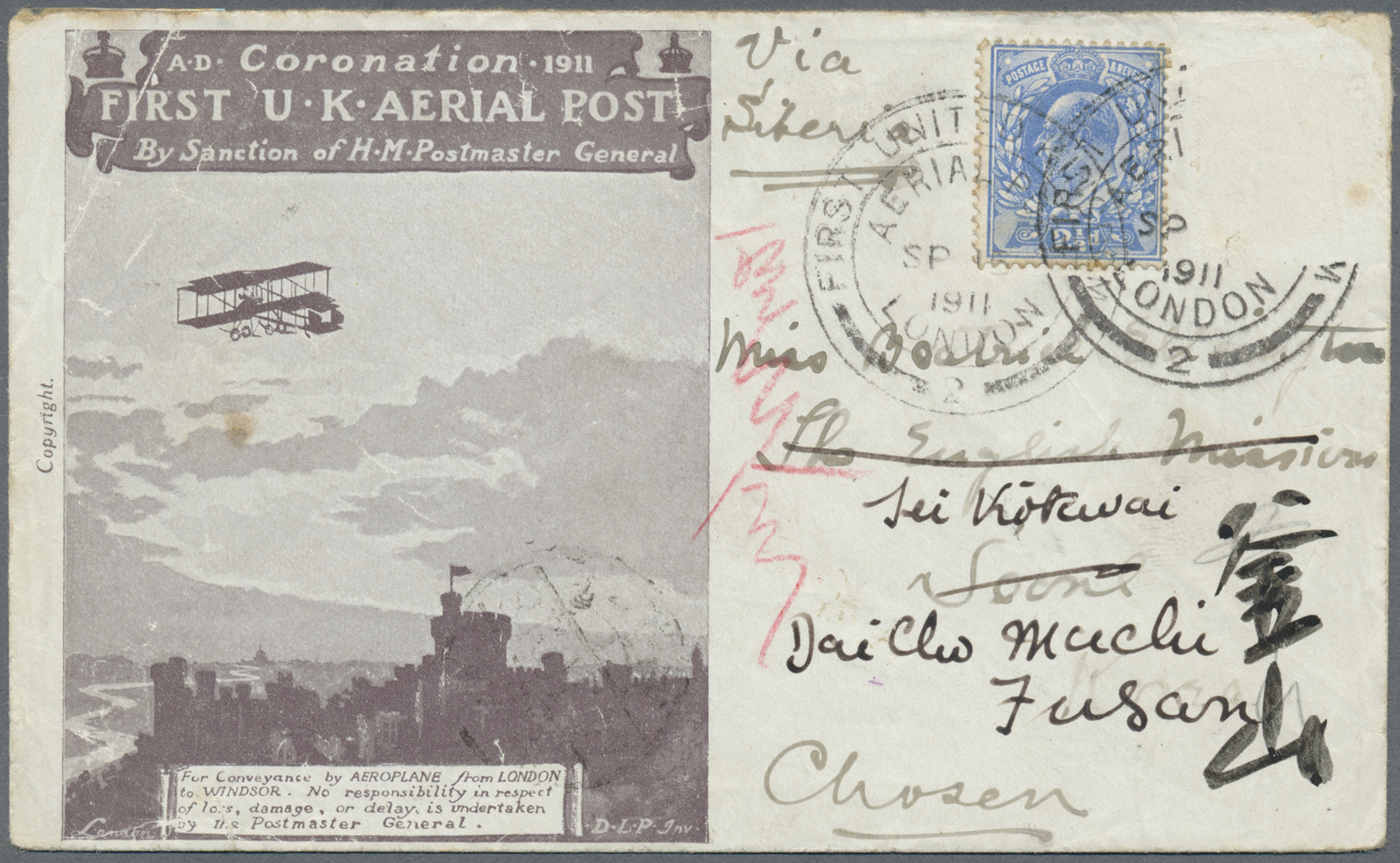 Br Korea: 1911, FIRST U.K. AERIAL POST, Official Envelope With Special Flight Cancel FIRST UNITED KINGDOM AERIAL POST / - Corée (...-1945)