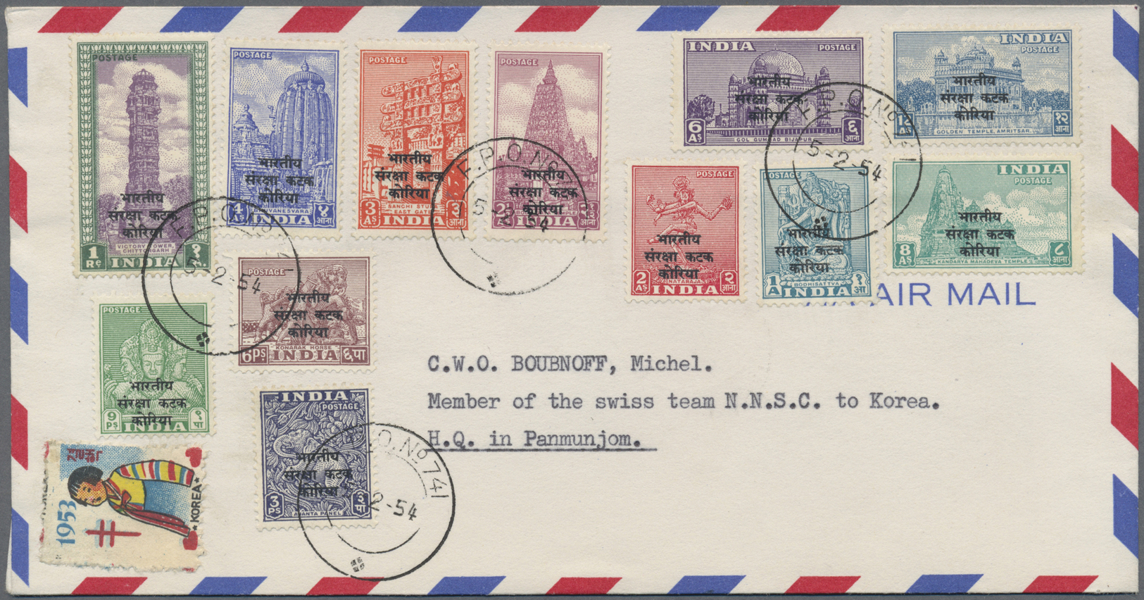 Br Korea-Süd: Korean War, Indian Issues, 1 R. Ovpt. Tied "FPO 741 20-10-53" Resp. Unovpt. 2 As, 12 As. Tied Same "10-10- - Korea, South