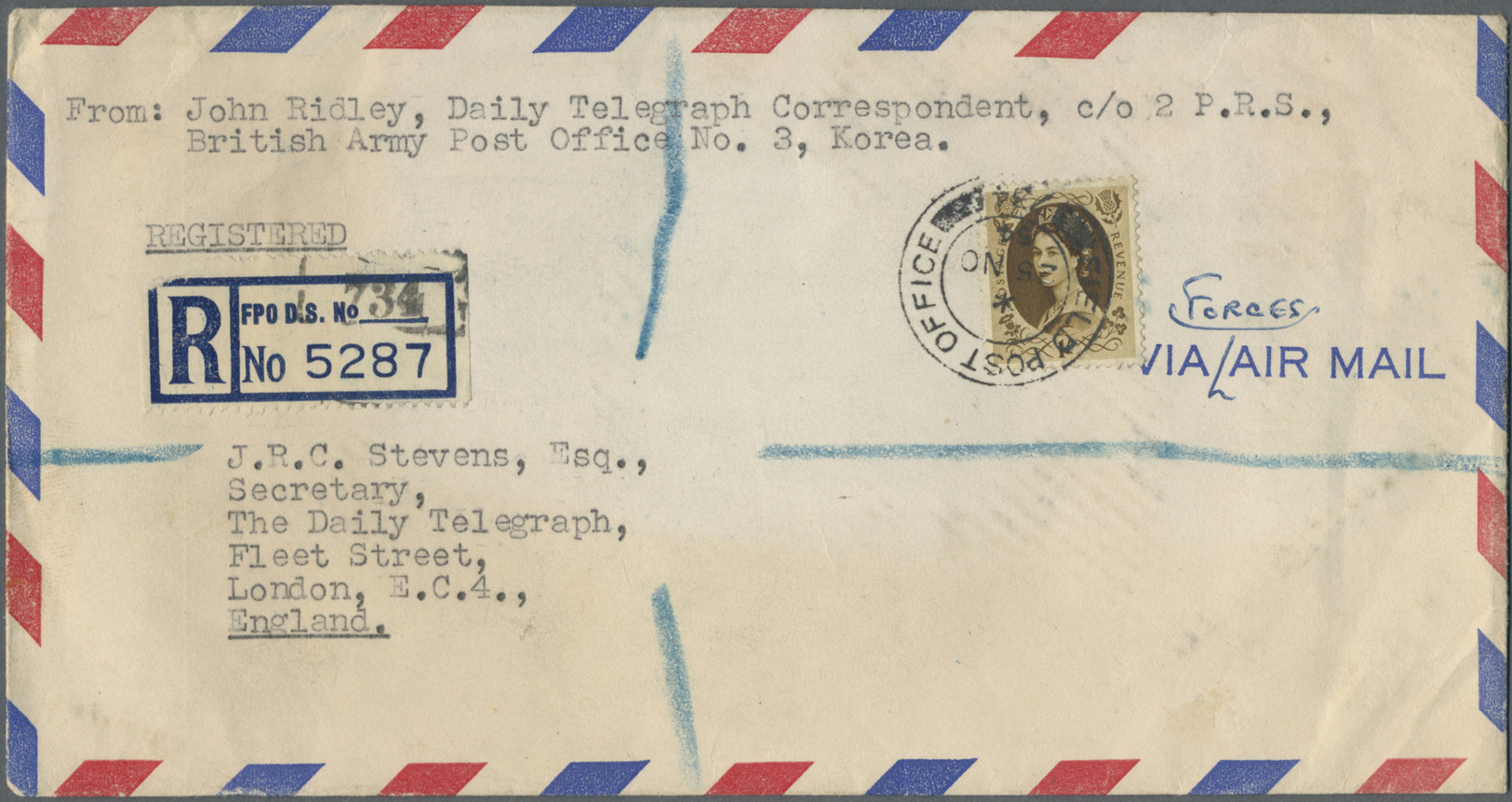 Br Korea-Süd: 1954. Registered Air Mail Envelope Written From The 'Daily Telegraph War Correspondent' Headed 'British Ar - Corée Du Sud