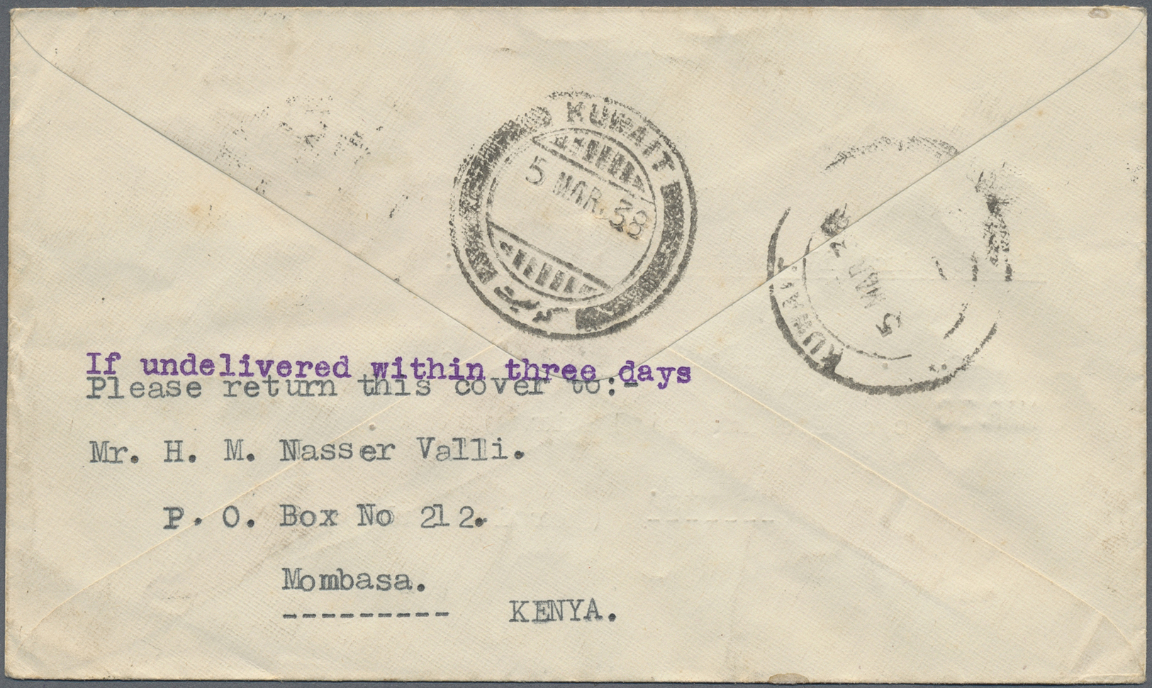 Br Kuwait: 1938. Air Mail Envelope From Mombasa/Kenya Addressed To 'c/o The Imperial Airways, Kuwait, Persian Gulf' Bear - Kuwait