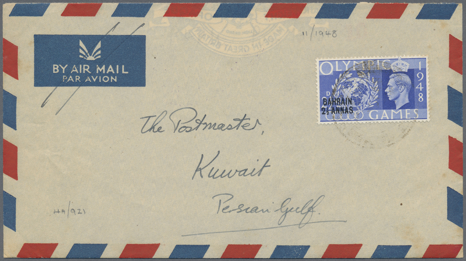 Br Kuwait: 1948, Incoming Cover From Bahrein W. London Olympics 2 1/2d W.  Arrival "KUWAITT 4 NOV 48", The "TT" Error Of - Kuwait