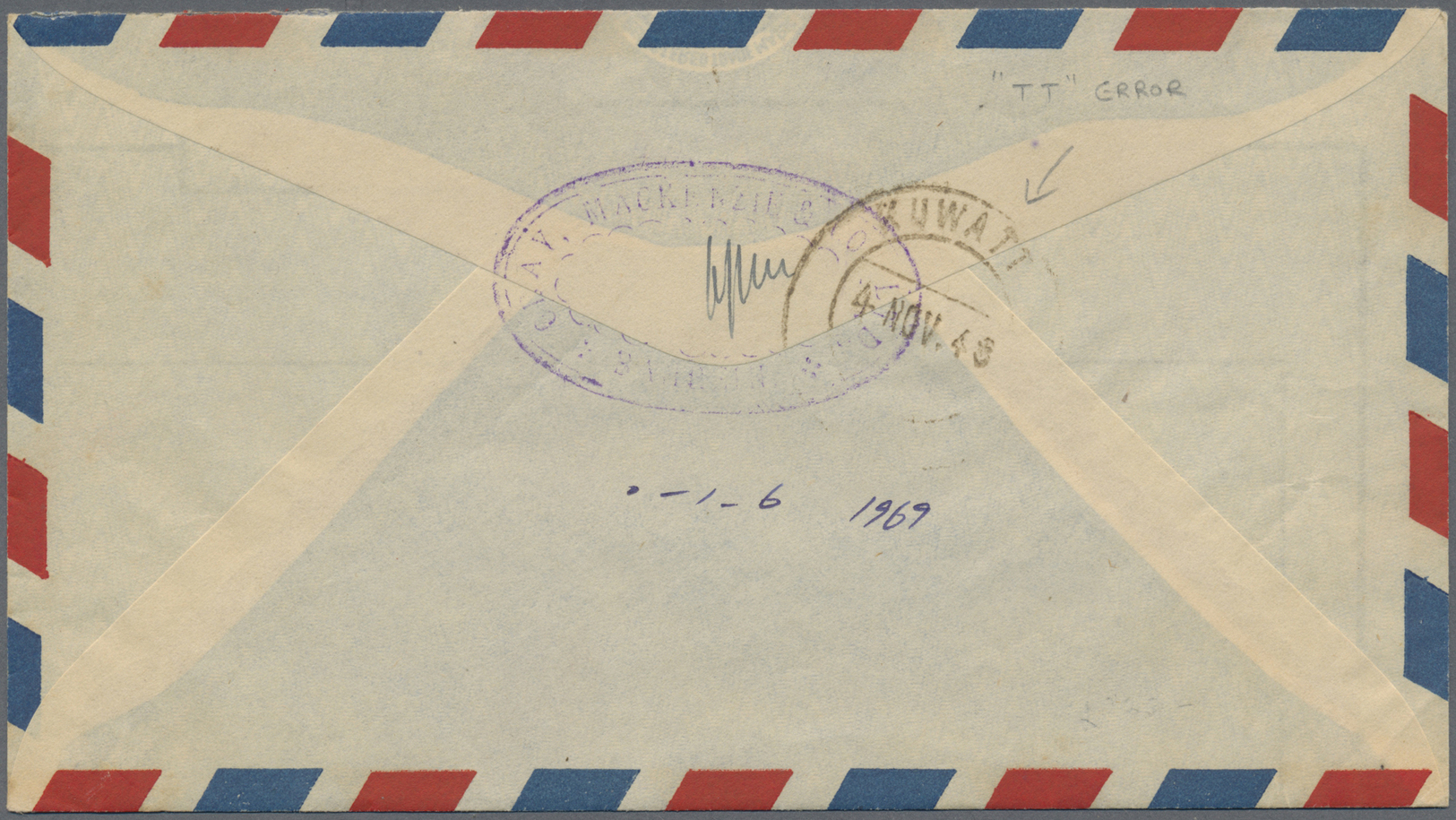 Br Kuwait: 1948, Incoming Cover From Bahrein W. London Olympics 2 1/2d W.  Arrival "KUWAITT 4 NOV 48", The "TT" Error Of - Koweït