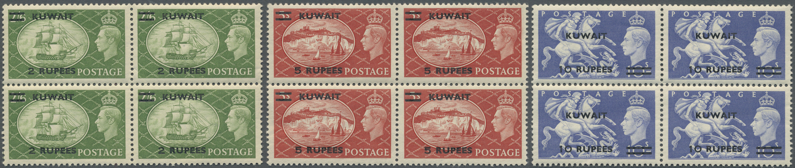 ** Kuwait: 1950, KGVI Definitives, Complete Set Of Nine Values As Blocks Of Four (4a. Four Single Stamps), Unmounted Min - Koweït