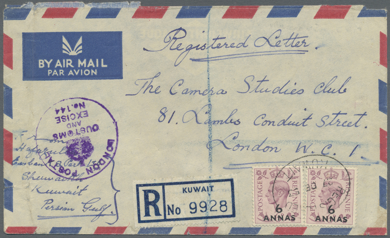 Br Kuwait: 1953. Registered Air Mail Envelope Addressed To London Bearing British Postal Agency In Easter Arabia SG 22, - Koweït