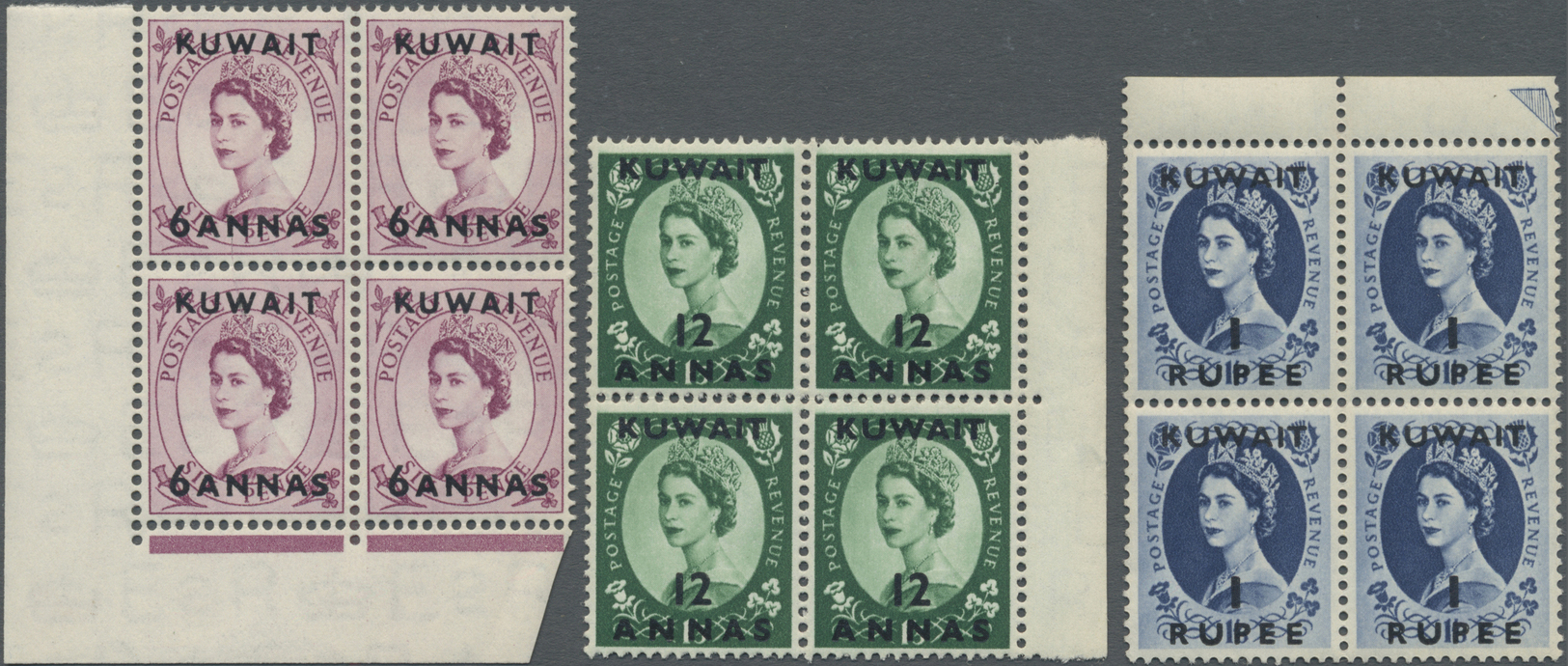 ** Kuwait: 1955/1956, QEII Definitives, Set Of Twelve Values As Blocks Of Four, Unmounted Mint. SG 107/09, 110/19 - Kuwait