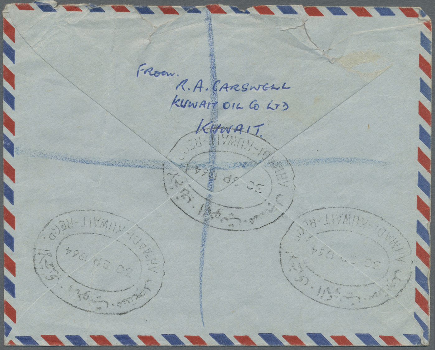 Br Kuwait: 1964. Registered Air Mail Envelope Addressed To London Bearing 45f Lake And 50f Gold Tied By Oval Ahmadi/Kuwa - Kuwait