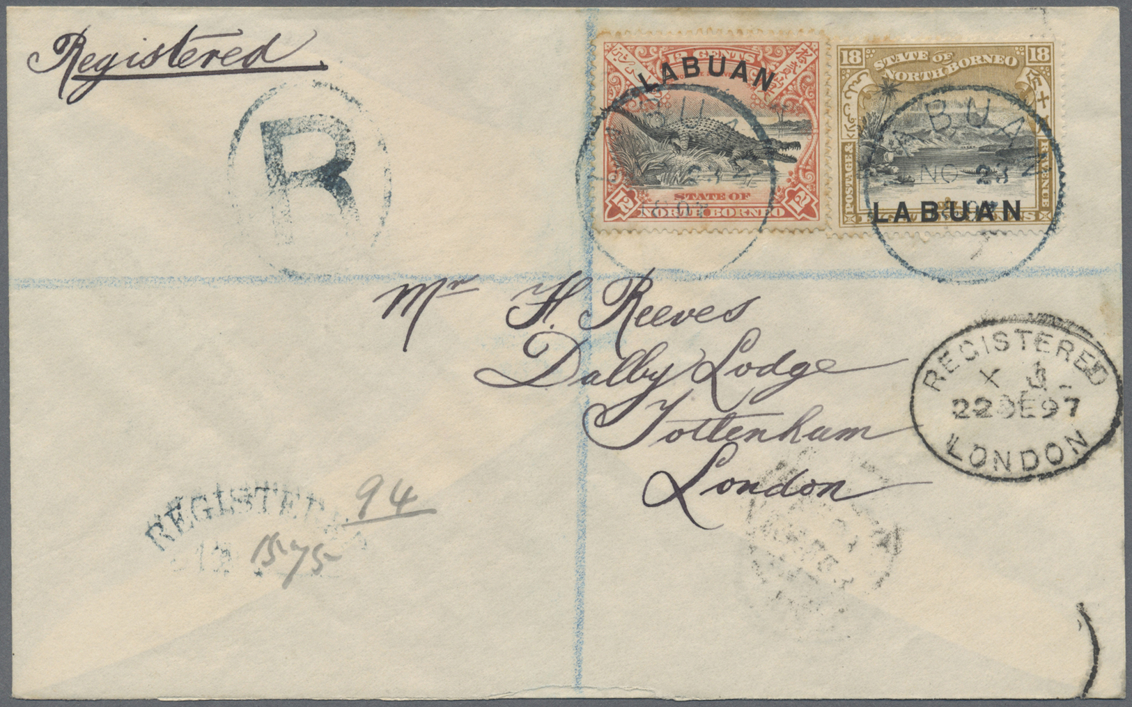 Br Labuan: 1894, Borneo 12 C And 18 C "LABUAN" On Registered Letter Sent From "LABUAN NO 23 97" To London With Arrival 2 - Other & Unclassified