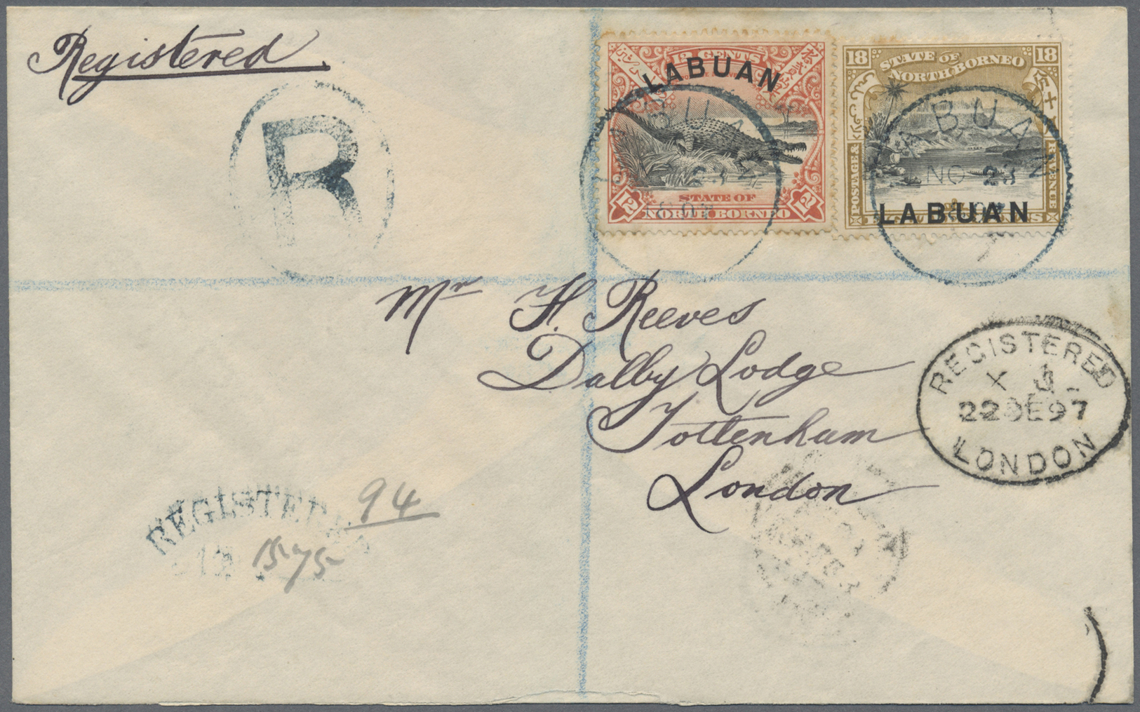 Br Labuan: 1894, Borneo 12 C And 18 C "LABUAN" On Registered Letter Sent From "LABUAN NO 23 97" To London With Arrival 2 - Autres & Non Classés