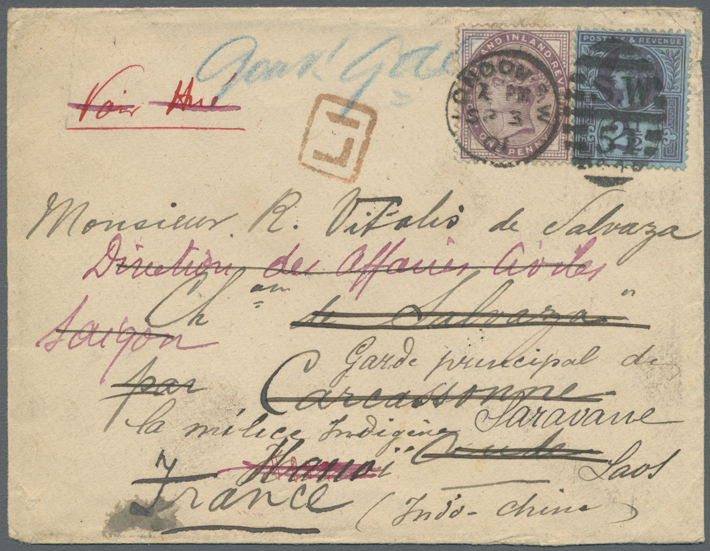 Br Laos: 1901. Envelope Addressed To Saravane, Laos Bearing Great Britain SG 174, 1d Lilac And SG 201, 2½d Blue Tied By - Laos
