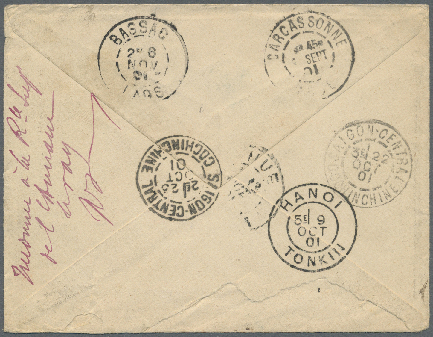 Br Laos: 1901. Envelope Addressed To Saravane, Laos Bearing Great Britain SG 174, 1d Lilac And SG 201, 2½d Blue Tied By - Laos