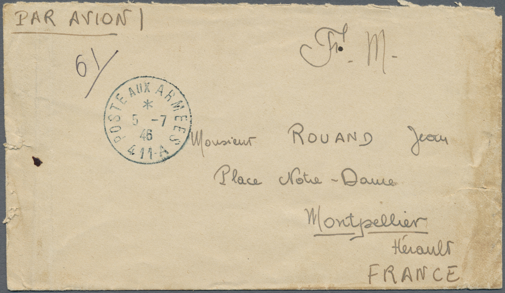 Br Laos: 1946. Stampless Air Mail Envelope (faluts/tears) Written From 'BPM 405A' French Troops In Pakse, Laos Dated '2n - Laos