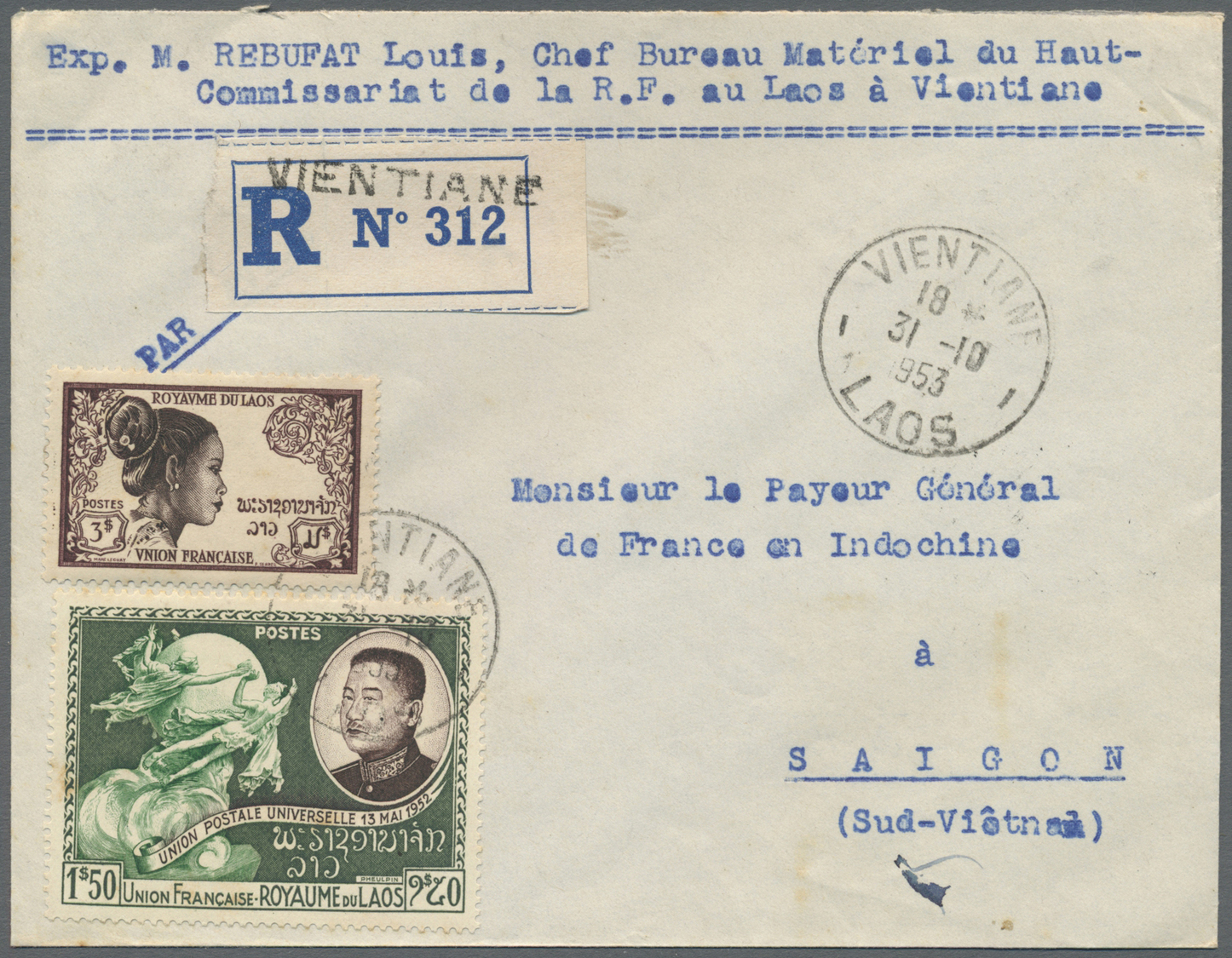 Br Laos: 1953. Registered Air Mail Envelope Addressed To Saigon Bearing SG 17, 3p Brown And SG 25, 1p50 Green And Brown - Laos