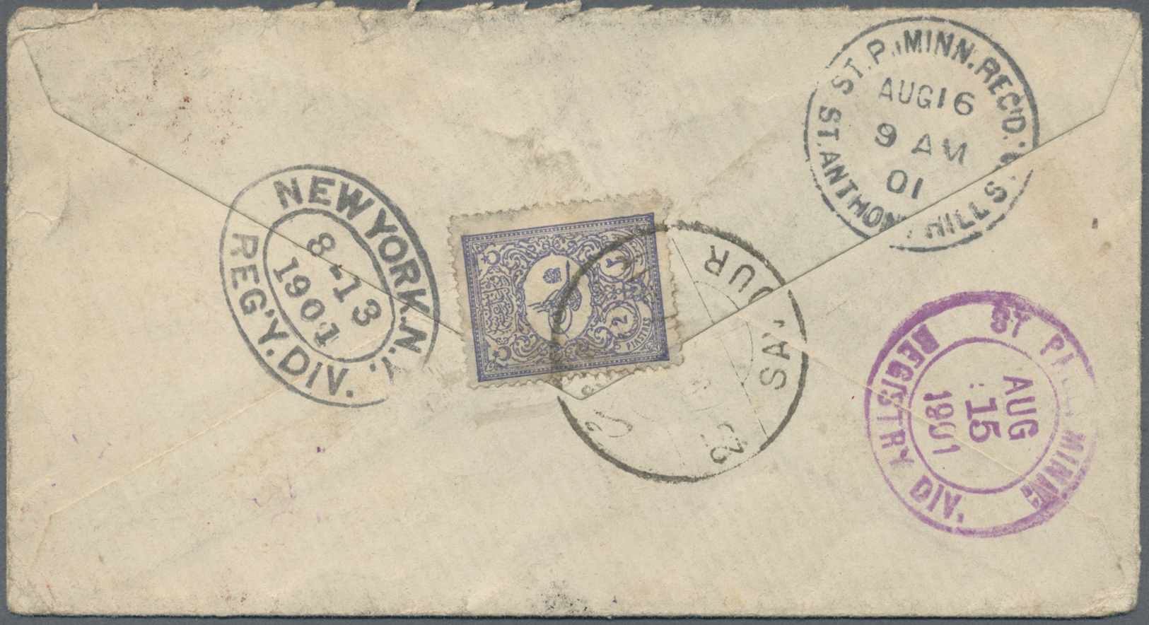 Br Libanon: 1901, "SAVOUR 25/7/901" Cds. Turkish SUR On Cover Bearing 1 Pia. Violet Blue (Coles & Walker 125) To USA The - Lebanon