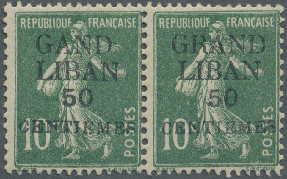 **/* Libanon: 1924, 50c. On 10c. Green, 1st Printing, Horiz. Pair, Left Stamps Showing "GAND", Unmounted Mint, Signed, N - Liban