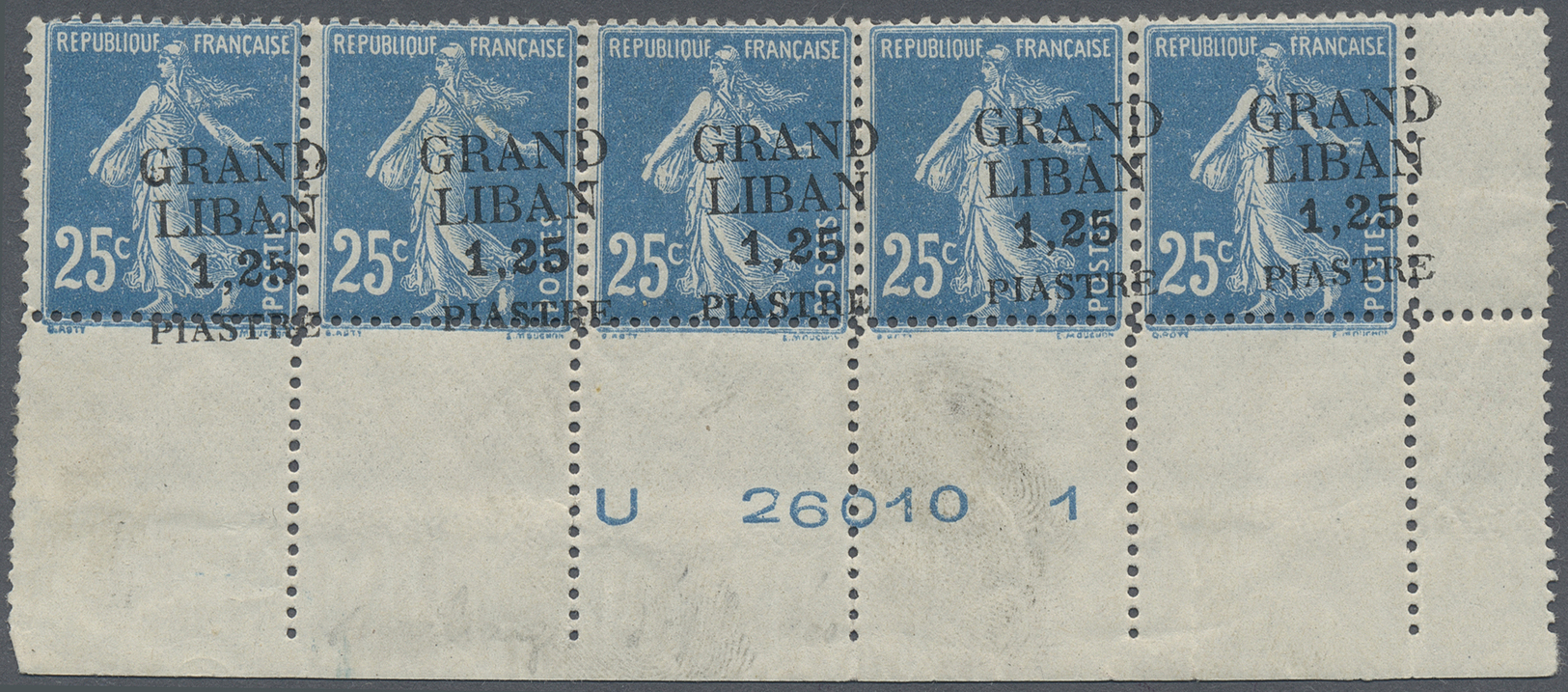 **/* Libanon: 1924, 1.25pi. On 25c. Blue, Bottom Marginal Plate Block Of Five With Upwards Shifted Perforation At Base A - Liban