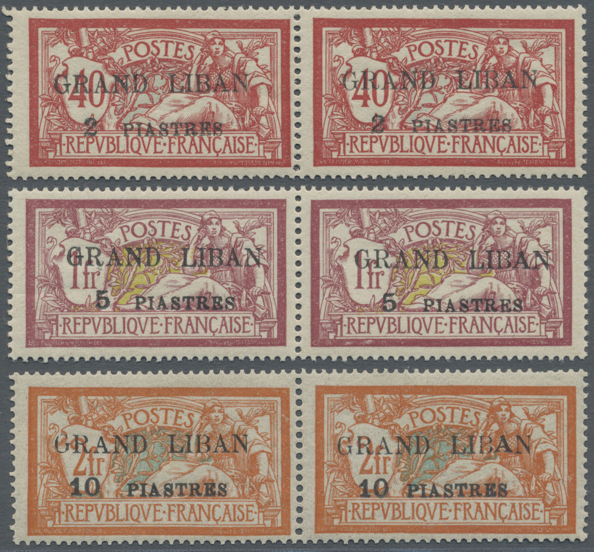 **/* Libanon: 1924, 2pi. On 40c., 5pi. On 1fr. And 10pi. On 2fr., 2nd Edition (wide Spacing), Three Values As Horiz. Pai - Lebanon