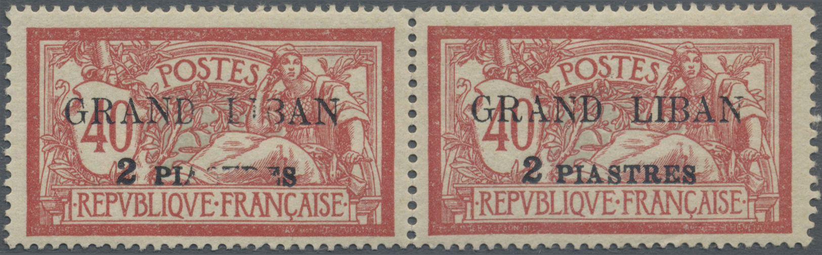 * Libanon: 1924, 2pi. On 40c. Red/blue, Horiz. Pair, Left Stamp With Partial Albino Printing Of Surcharge ("2PI...S" And - Liban