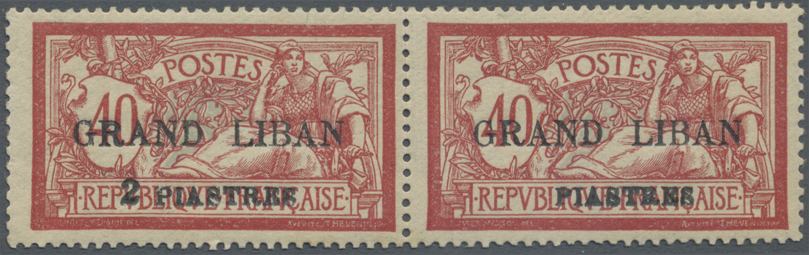 * Libanon: 1924, 2pi. On 40c. Red/blue, Horiz. Pair, Right Stamp With "Missing 2 In Surcharge", Mint O.g. Previously Hin - Lebanon