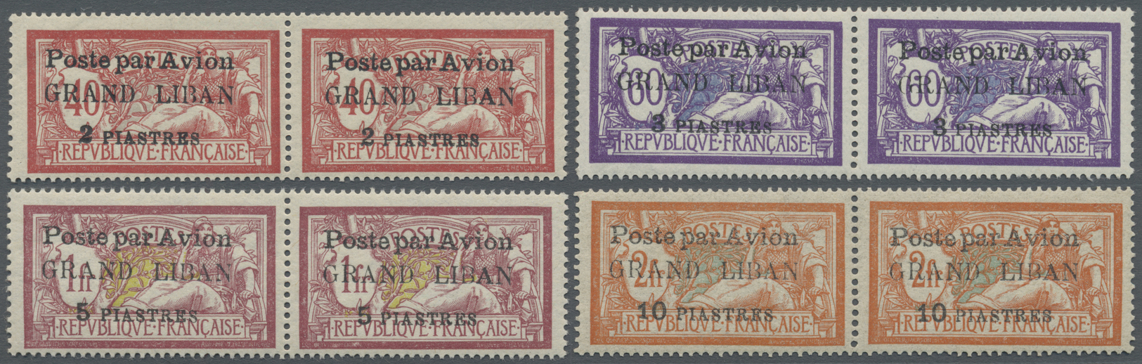 **/* Libanon: 1924, Airmails, Complete Set In Horiz Pairs, Right Stamp Showing Variety "Fat A", Unmounted Mint, Normal S - Lebanon