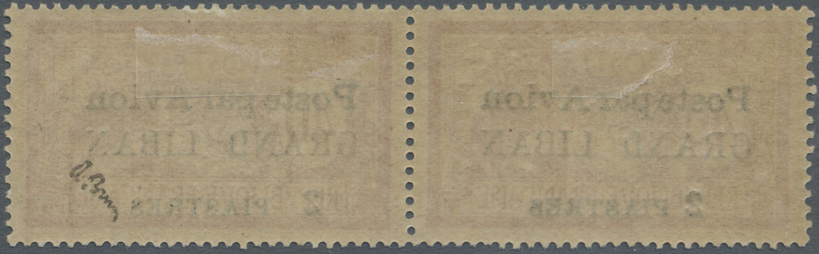 * Libanon: 1924, Airmails, 2pi. On 40c. Red/blue, Horiz. Pair, Left Stamp With "Raised V", Right Stamp With Widely Space - Lebanon