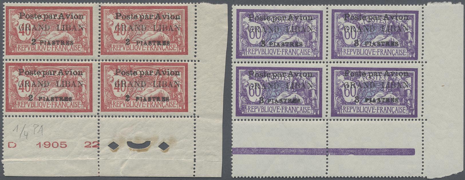 ** Libanon: 1924, Airmails, Complete Set Of Four Values As Right Marginal Blocks Of Four, Unmounted Mint (10pi. One Stam - Liban