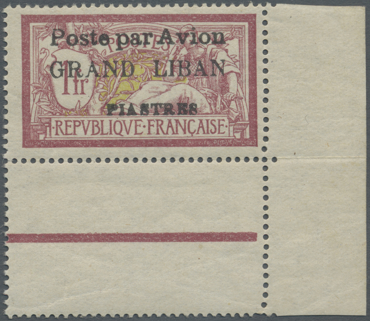 ** Libanon: 1924, Airmails, 5pi. On 1fr. Red/olive, Right Marginal Copy Showing Variety "Missing 5 Of Surcharge", Unmoun - Liban