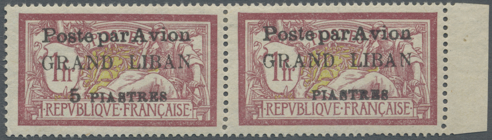 * Libanon: 1924, Airmails, 5pi. On 1fr. Red/olive, Right Marginal Horiz. Pair, Right Stamp Showing Variety "Missing 5 Of - Liban