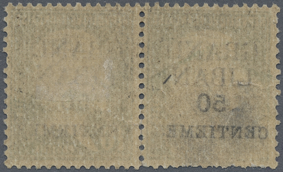* Libanon: 1924, 50c. On 10c. Green, Horiz. Pair With Faults, Left Stamp Showing Heavy Surface Rub/thinning Which Has Be - Lebanon