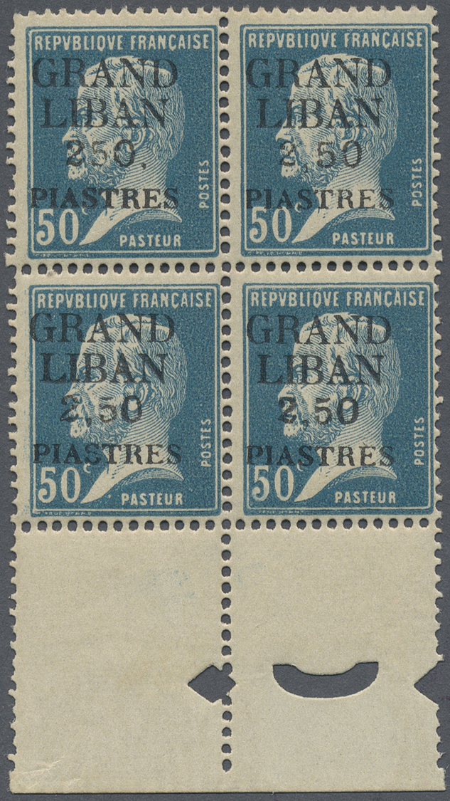 ** Libanon: 1924, 2.50pi. On 50c. Blue, Bottom Marginal Block Of Four, Upper Left Stamp Showing "250, PIASTRES" (misplac - Liban