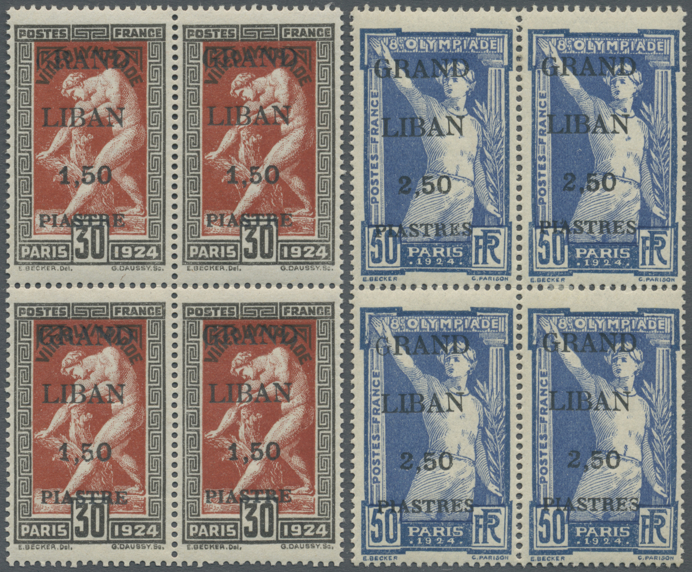 * Libanon: 1924, Olympic Games, Complete Set As Blocks Of Four, 50c. On 10c. With Variety "Small Fat A In LIBAN", 1.50pi - Liban