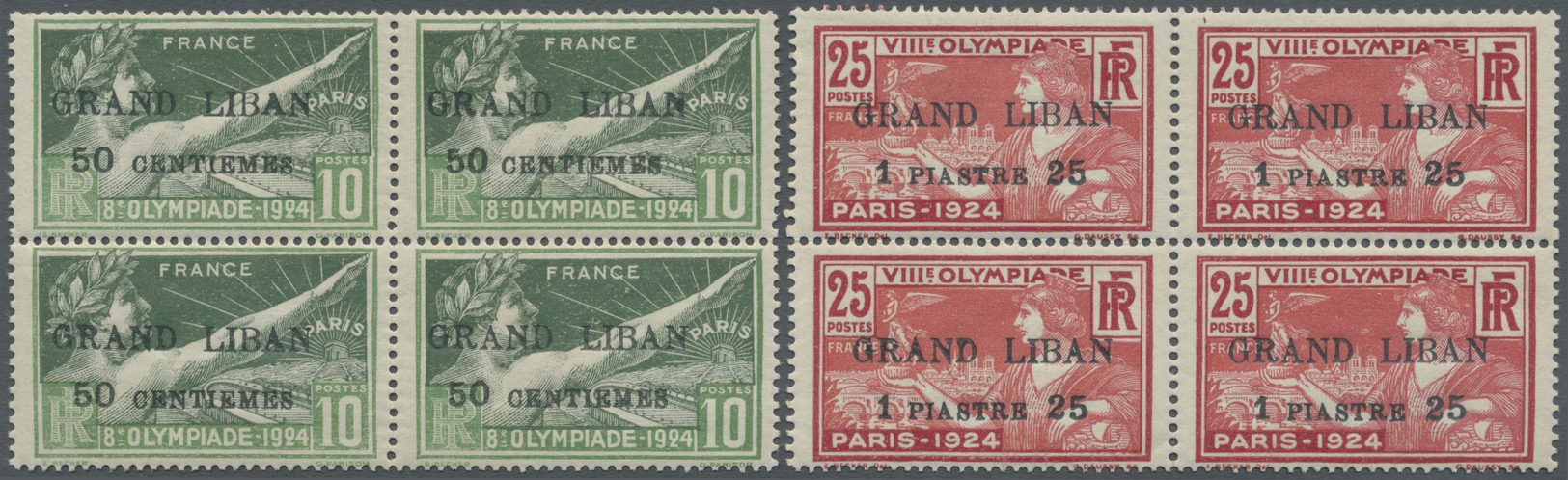 * Libanon: 1924, Olympic Games, Complete Set As Blocks Of Four, 50c. On 10c. With Variety "Small Fat A In LIBAN", 1.50pi - Liban