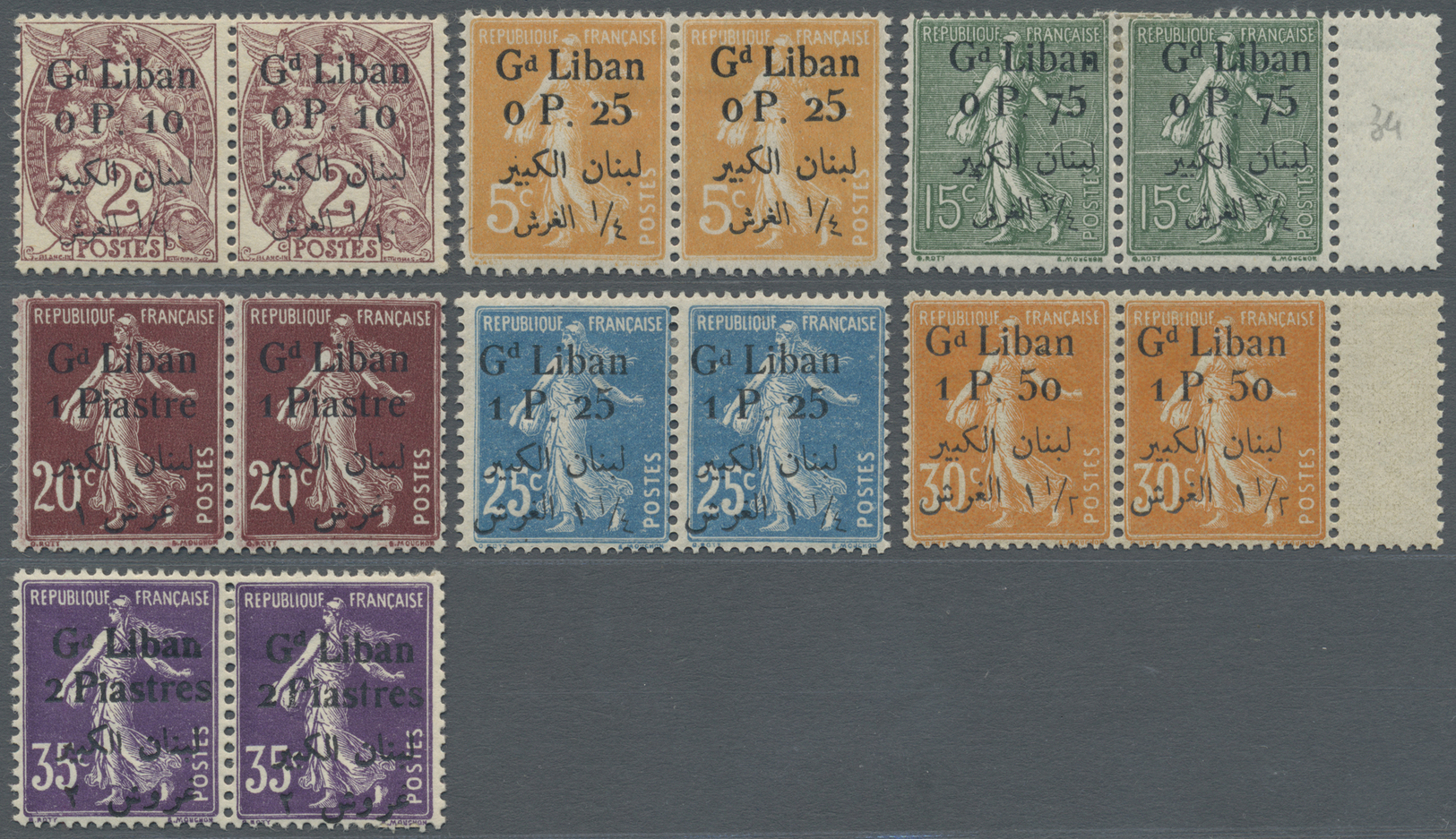 */** Libanon: 1924/1925, Bilingual Overprints, Ten Values As Horiz. Pair (8) Resp. Block Of Four (2), One Stamp Each Sho - Lebanon